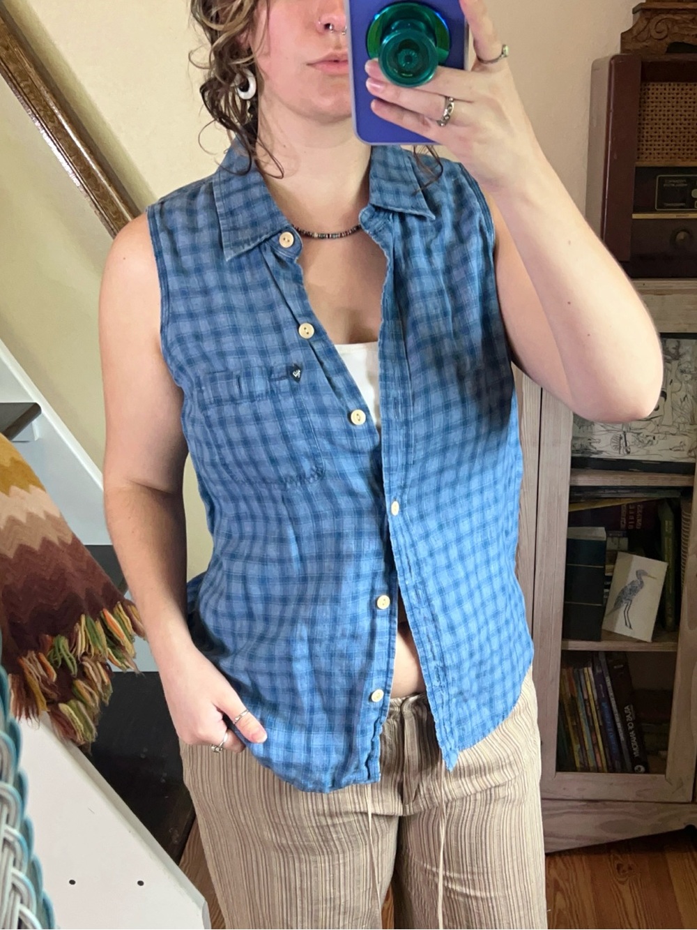 Ralph Lauren 100% Linen Blue plaid Button up Collar Tank Top Preppy Minimalist
